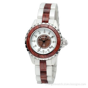 Fashion Watch w/ White Ceramic/Red Sandalwood Case/Band, Japan Movement Customized Designs Welcomed